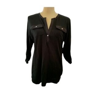 Lauren‎ Ralph Lauren Black 3/4 Sleeve V-neck Top Medium